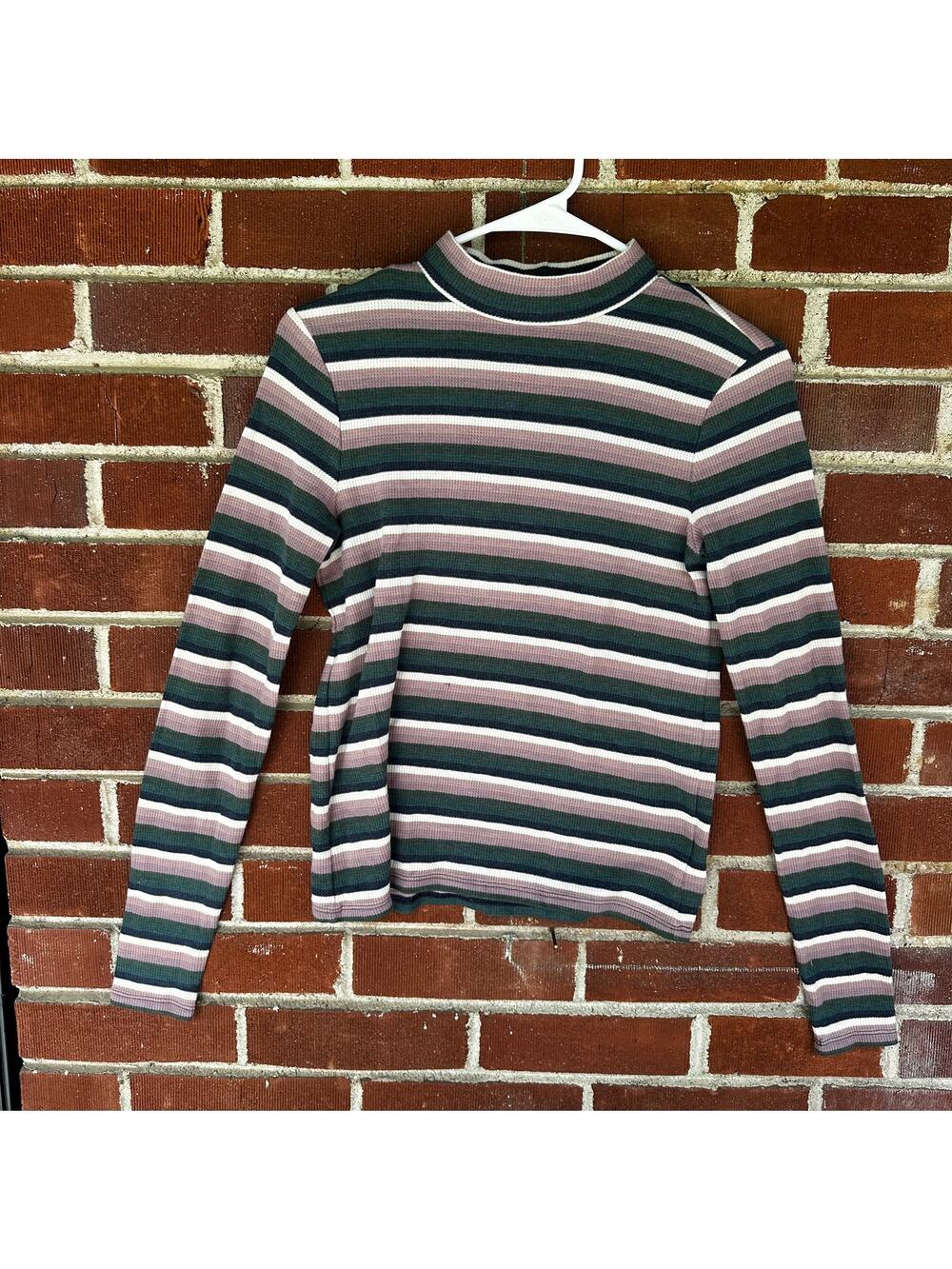 American Eagle Striped Mock Neck Rib Knit Top Cottagecore Preppy